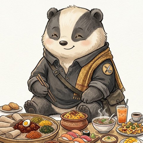 Bourdain, drawn as a happy badger with chopsticks and a satchel, behind a spread of injera, biryani, sushi, noodle soup and mango sticky rice