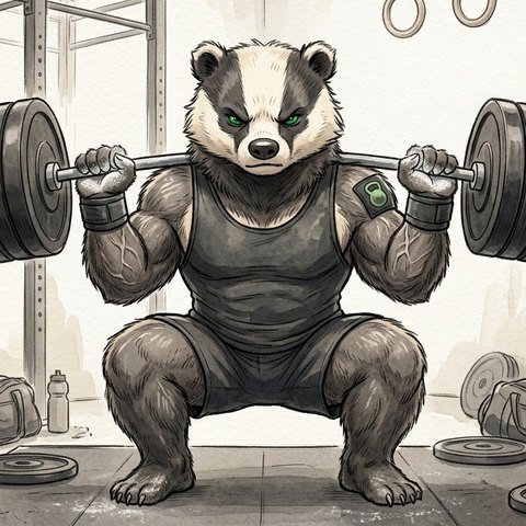 Fraser, drawn as a determined badger at the bottom of a back squat with a loaded barbell, chalk on its paws
