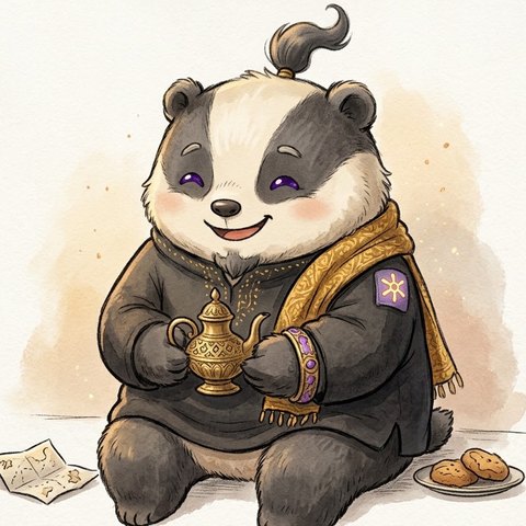 Genie, drawn as a cheerful badger with a topknot and a gold scarf, holding a small brass lamp, with a map and biscuits beside it