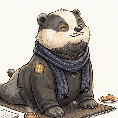Huberman, drawn as a calm badger in a gentle stretch on a mat, eyes closed, with a warm mug and biscuits nearby