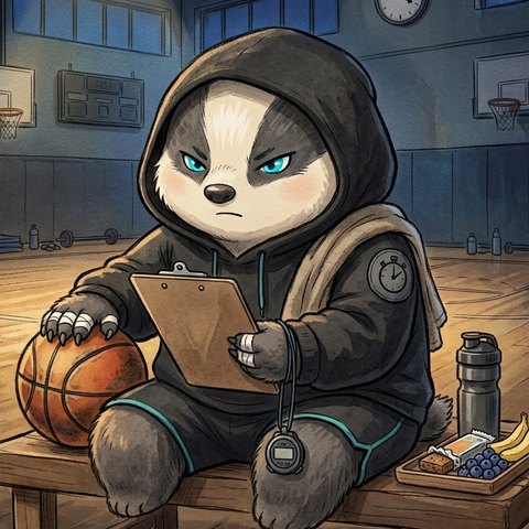 Kobe, drawn as an intense badger in a black hoodie on a bench in an empty gym before dawn, a basketball under one paw, a clipboard in the other, a stopwatch and post-workout snacks beside it