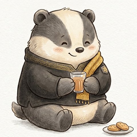 Miya, drawn as a smiling badger in a dark kurta and a gold scarf, holding a glass of chai, with biscuits beside it